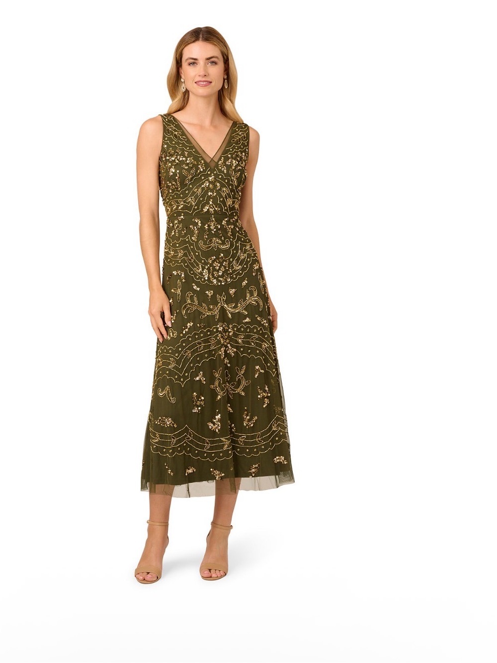 Adrianna Papell SZ 12 NWT Olive Green Gold Beaded Sequin Midi Dress Cocktail MOB